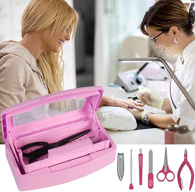 Gusnilo Sanitizing Tray - Disinfectant Container Nail Tool Sterilizer Box Plastic Sanitizing Box for Nail Tools, Hair Salon,Spa (Clear Lid, Pink)