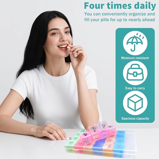 9 Pack Weekly Pill Organizer Box Waterproof Big Medication Box 4 Times a Day 7 Day Case Container for Daily Travel for Vitamins and Fish Oil Supplements