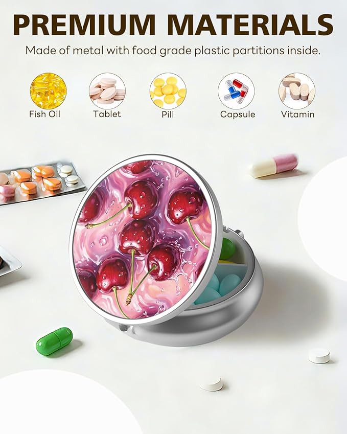 LRITER Pill Case, Portable Travel Pill Box, Pillbox Organizer, Cute Small Medicine Storage Container, Purse Accessories for Women, Men (Cherry)