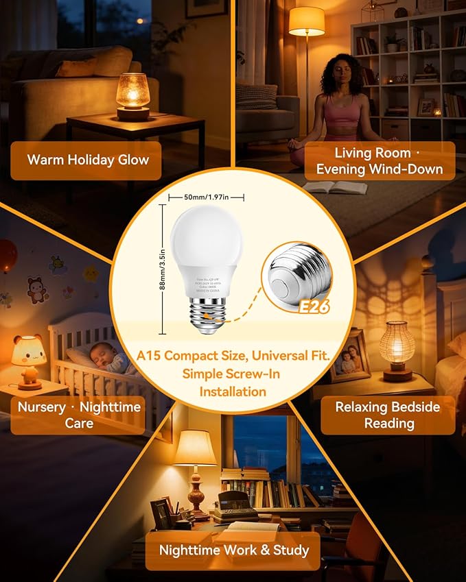 Neporal 1800K Amber Sleep Light Bulbs 8PK, 99.96% Blue Blocking Soft Warm Light Bulbs for Melatonin Promoting, A15 6W 40W Equivalent Amber Night Light E26 for Bedroom, Baby Nursery, Reading