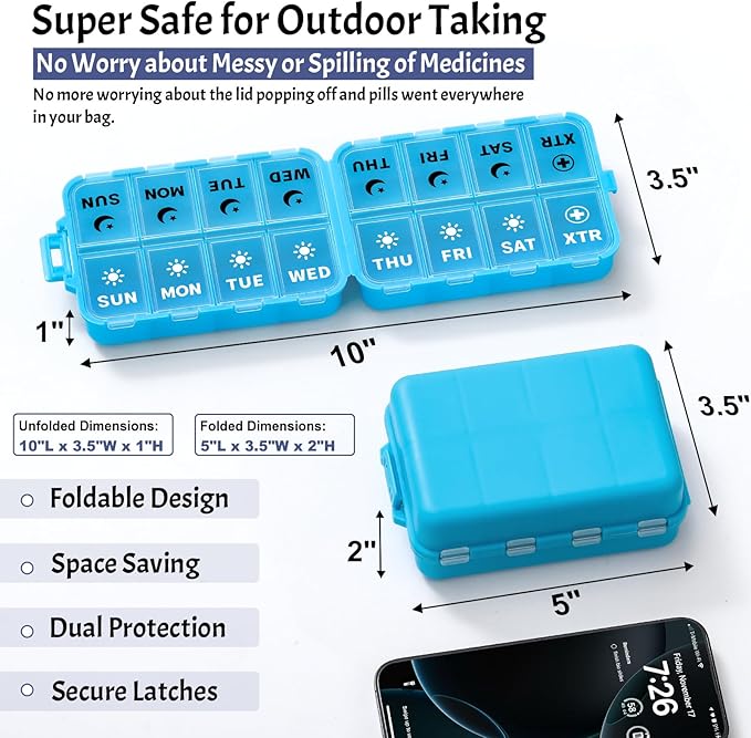 Foldable Weekly Pill Organizer 2 Times a Day with 2 Extra Compartments (Clear Printed Labels) - Portable 7 Day AM PM Medicine Box, Week Daily Travel Pill Case Holder for Vitamin, Supplement - Blue