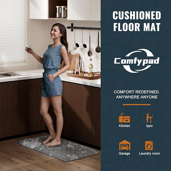 5/6 Inch Thick Water Absorbing Comfort Mat, Anti-Fatigue Floor Mat, Standing Desk Mat, for Kitchen Home Ofiice & Bathroom - Durable Foam, Cushioned Non-Slip (19" x 32", Black Marble Pattern)