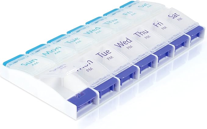 EZY DOSE Push Button Weekly (7-Day) Pill Case, Medicine Planner, Vitamin Organizer Box, 2 Times a Day, AM/PM, Large Compartments, Arthritis Friendly, Clear Lids, BPA Free, Pack of 6