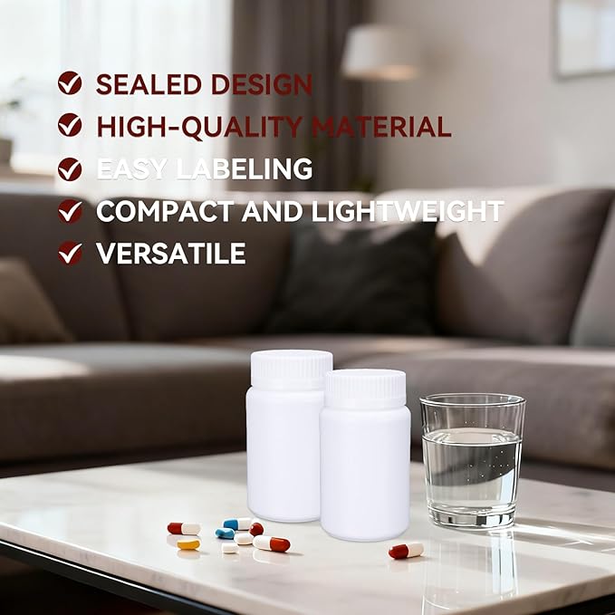 8 Pack Travel Pill Bottles - White Food Grade Plastic with Screw Caps & Labels, Small Pill Organizer for Pills, Vitamins, Capsules