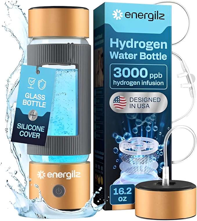 Hydrogen Water Bottle | Large 16.2 oz (480 ml) Hydrogen Water Bottle Generator 3000 ppb | Hydrogenator Machine | SPE/PEM Hydrogenated Ionizer Generator (Golden w/Gray)