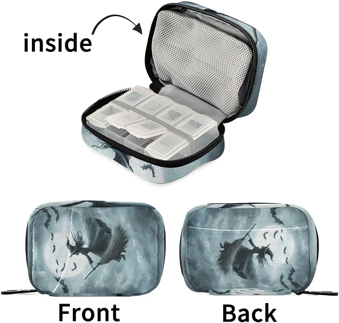 Halloween Bats and Witch Travel Pill Organizer Case Box Container Weekly Portable Vitamin Medicine Holder Storage Bag with Zipper Removable