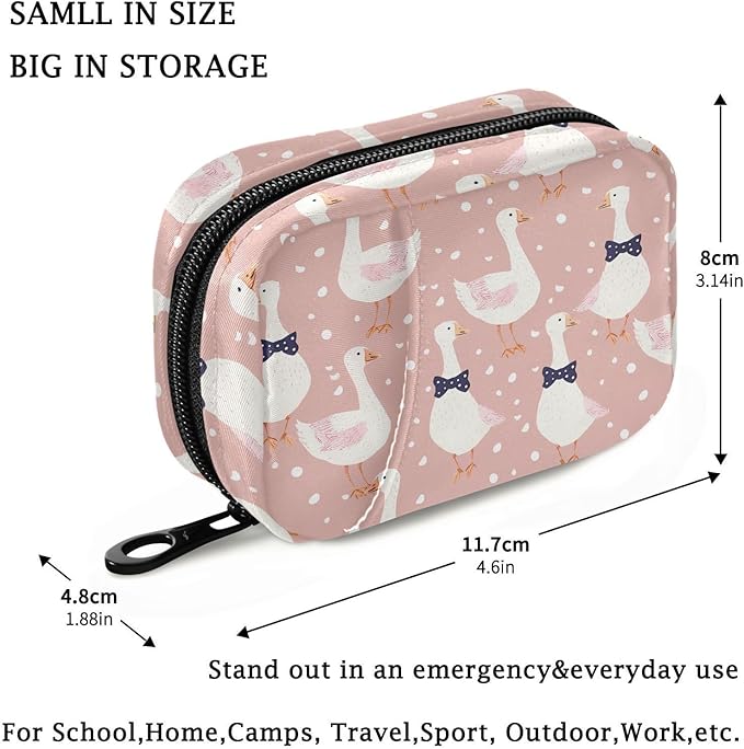 Fustylead Geese with Bow Tie and Dots on Pink Background Travel Pill Organizer Bag with Zipper Small Pill Box 7 Day Pill Case for Purse Storage Weekly Vitamin Medicine Supplement
