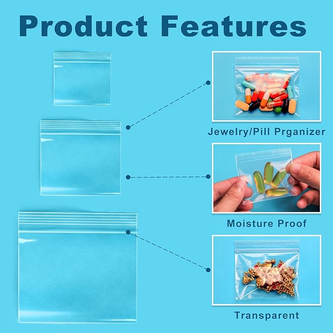 300 Pack Small Pill Bags, 6 mil Sturdy - 3 Assorted Sizes: 2x1.85'', 2.5x2.25'', 3x2.75'' Clear Zip Bags, Reusable Pill Pouch Bags for Travel, Storage, Jewelry & Craft Pieces