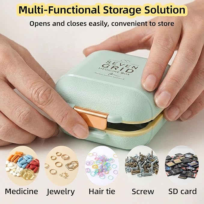 Weekly Pill Organizer 2-Layer 7 Compartments, Airtight Moisture-Proof Pill Box, Food-Grade Portable Travel Pill Case for Pills Capsules Tabs(Green)