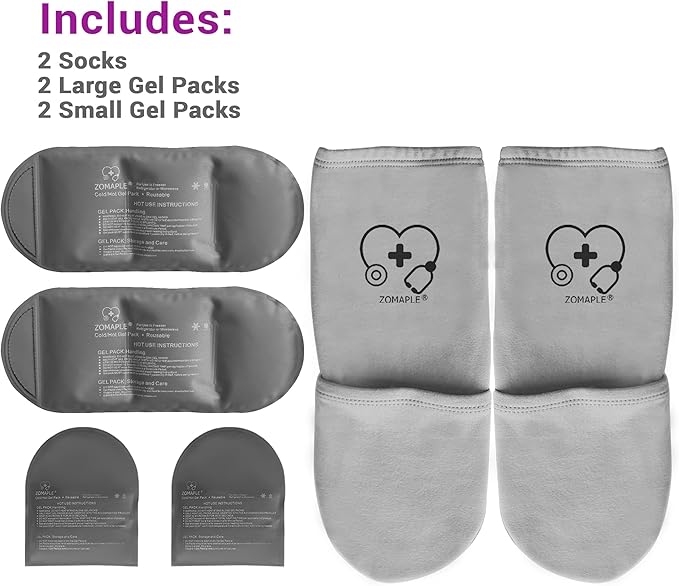 ZOMAPLE Cold Therapy Socks + Gel Packs, Grey, Medium – Soothe Burning Feet & Reduce Swelling – Hot/Cold Use, Touch Fasteners & Comes with 2 Large & 2 Small Gel Packs – Versatile Foot Ice Pack Wrap