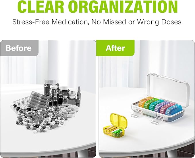 Vikie Weekly Pill Organizer 2 Times a Day with AM PM Sections, BPA-Free, Portable & Moisture-Proof for Pills, Vitamins, Supplements (2x7 Transparent + Rainbow)