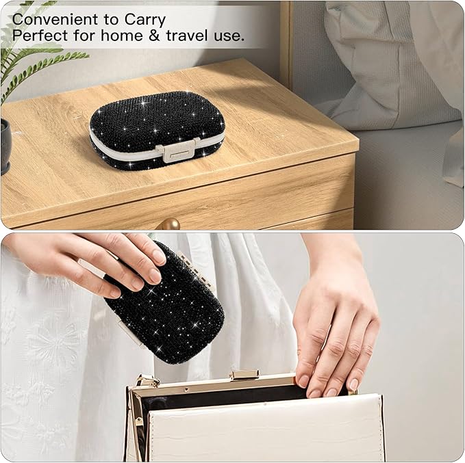 Soleebee Portable 8 Compartments Daily Pill Organizer, Bling Crystal Diamond Pill Box, Small Travel Pill Case, Pill Dispenser, Medicine Container Organizer to Hold Vitamin, Fish Oil (Black)