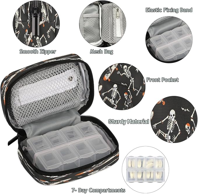 Skeleton Skull Pill Case Everyday Travel, 7 Day Weekly Medicine Pill Box Compact Portable Pills Bottle Organizer with Zipper for Daily Vitamin Medicine Holder Bottle Organizers Bag