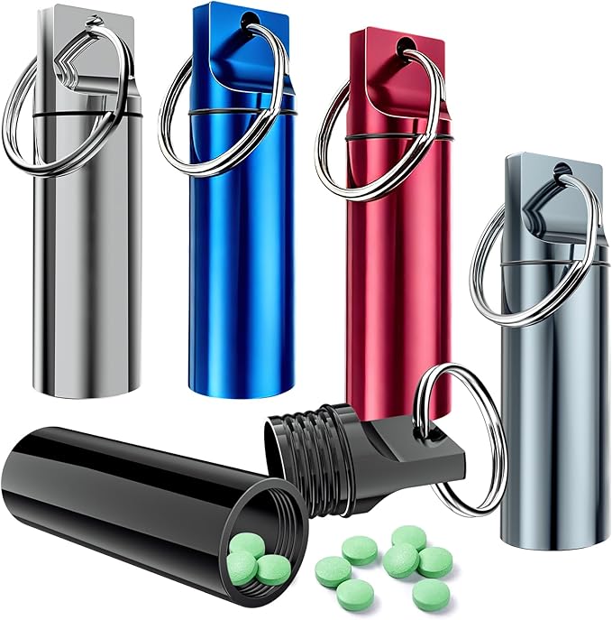 5 Pack Keychain Pill Holder, Portable Pill Organizer Small Pill Case for Purse, Waterproof Metal Pills Case Pill Keychain Container for Outdoor Camping Travel