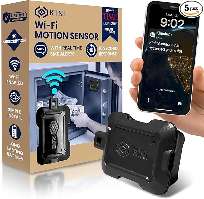 Instant Kini Safe Alert Wi-Fi Motion Sensor Alarm - Real-time SMS, Email, IFTTT - Great for Gun Safes, Cabinets, Office - Easy Install, No Subscription, Long Lasting Rechargeable Battery, USA-Made
