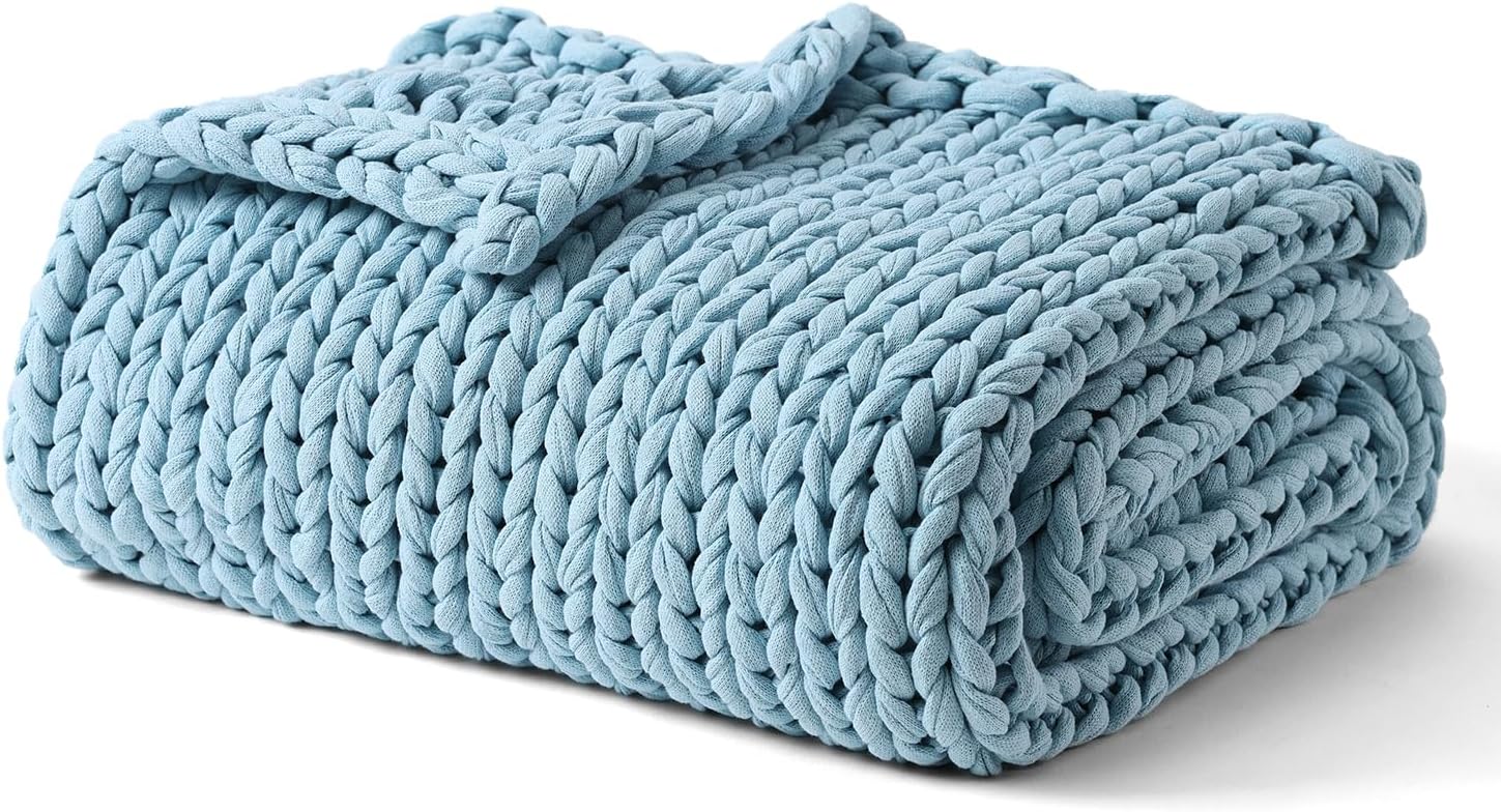 YnM Cooling Weighted Blanket, 100% Cotton Handmade Chunky Knitted Blanket, Weighted Lap, Breathable Heavy Blankets, Machine Washable Throw for Sleep or Home Decor (Sky Blue, 50x60 Inch, 10lbs)