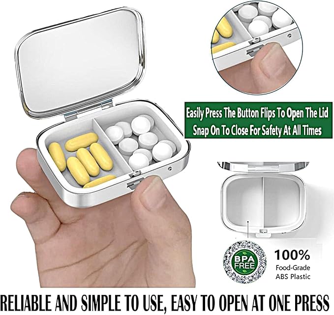 ABLESKY Pill Box, 2 Compartment Pill Organizer Case for Pocket or Purse, Small Portable Metal Travel Medicine Box with Mirror, Daily Vitamins Fish Oil Container-Retro Mushrooms
