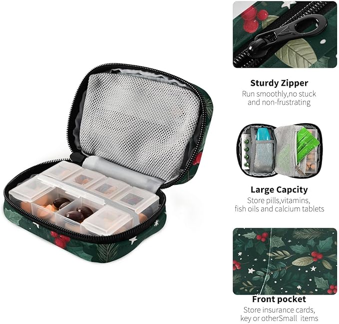 Holly Berries Pine Needles Stars Dark Green Travel Pill Organizer Case Box Container Weekly Portable Vitamin Medicine Holder Storage Bag with Zipper Removable
