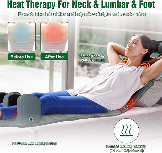 Full Body Massage Mat with Heat, Vibration Massage Pad with Detachable Shiatsu Neck Massager & Foot Massager, Inflatable Head Pillow and Lumbar Pillow, 10 Vibration Motors 3 Timers for Home Use