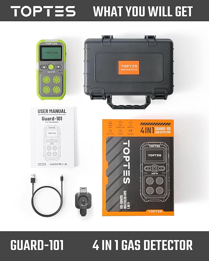 TopTes Guard-101 4 Gas Monitor Multi Detector for H2S, CO, LEL, and O2, with Vibration, Visual, and Audible Alarms, 14h Long Battery Life, Safety Explosion-Proof, for Work, Home - Green