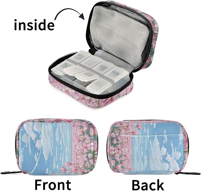Pink Tulip Field and Blue Sky Travel Pill Organizer Case Box Container Weekly Portable Vitamin Medicine Holder Storage Bag with Zipper Removable