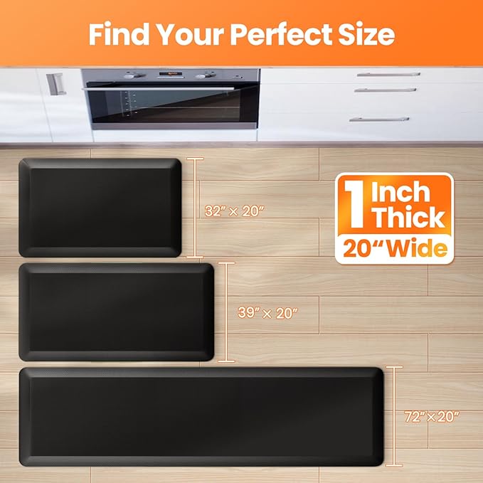 Kitchen Mats for Floor, 1 Inch Extra-Thick Kitchen Rugs, Non-Slip & Waterproof Standing Desk Mat, Comfort Anti Fatigue Mats for Kitchen Floor, Home, Sink, Office (20" X 72", Black)