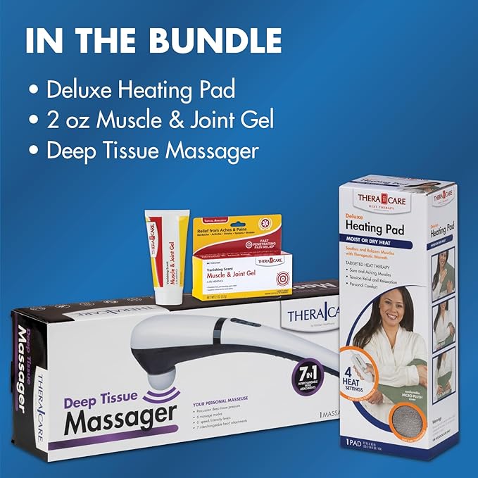 Pain Management Bundle 3-Piece | Personal Deep Tissue Massager | Muscle & Joint Pain Relief Gel | Deluxe Moist Dry Heating Pad | Therapeutic Care at Home | Whole Family Care