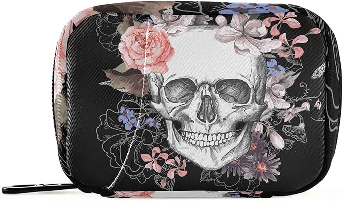 Naanle Watercolor Flower Skull Pill Box 7 Day Pill Case Travel Pill Organizer Bag with Zipper Portable Weekly Case Compact Size for Vitamin Supplement Holder