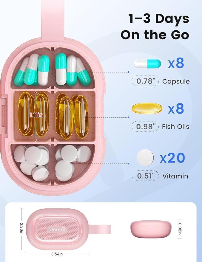 Travel Pill Organizer, Adjustable 3-6 Compartments Portable Pill Box, Small Pill Case Daily Medicine Container Moisture Proof Storage to Hold Vitamin Fish Oil Supplement for Pocket Purse-Pink
