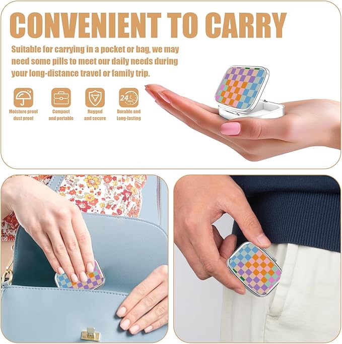 Pill Box-2 Compartment Small Pill Case Square Organizer Case with Mirror Portable Metal Medicine Box Travel Container for Pocket & Purse Women Men(Colorful Checkerd)