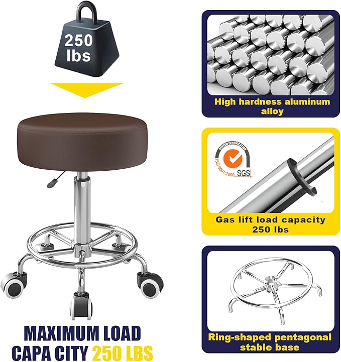 Rolling Stool, Heavy Weight Capacity 250lb, PU Leather Rolling stools, Ultra Soft Padded Seat, Rolling Stools with Wheels and Footrest, 360° Swivel, Spa Drawing Salon Work Office Tattoo Stool (Brown)