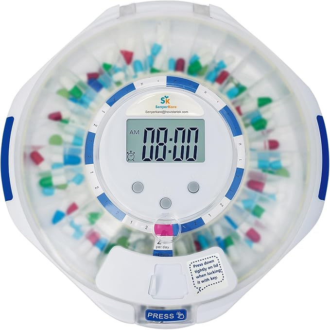 28-Day Automatic Pill Dispenser with Alarm for Elderly, Sound & Light Alerts, Easy-Read Display, 6 Dosage Templates, Locked Frosted Lid Medication Dispenser for Protecting Pills Privacy