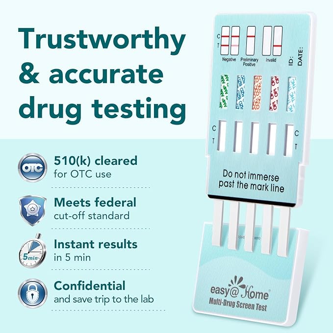 Easy@Home 5 Panel Urine Drug Test Kit [5 Pack] - THC/Marijuana, Cocaine, OPI/Opiates, AMP, BZO All Drugs Testing Strips in One Kit - at Home Use Screening Test with Results in 5 Mins #EDOAP-754