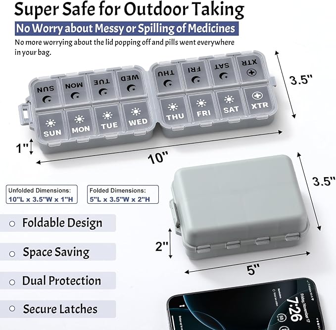 Foldable Weekly Pill Organizer 2 Times a Day with 2 Extra Compartments (Clear Printed Labels) - Portable 7 Day AM PM Medicine Box, Week Daily Travel Pill Case Holder for Vitamin, Supplement - Grey