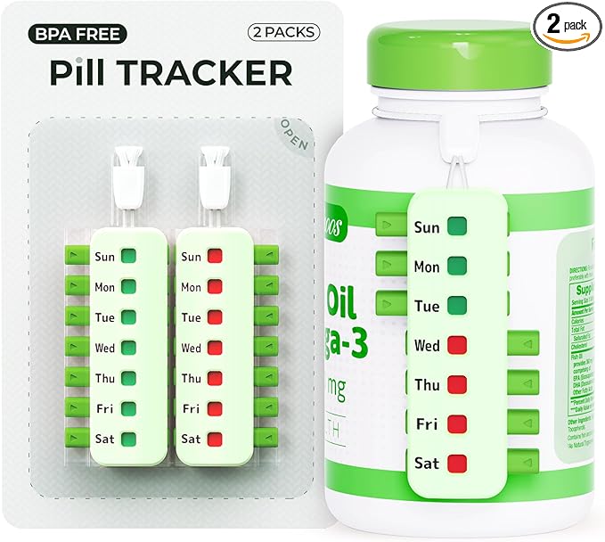 Pill Reminder for Easy Tracking Without Refills, Reusable Pill Tracker for Vairous Bottles, Arthritis-Friendly & Anti-Slide Medication Tracker, Compact Medicine Reminder for Pet Meds, Green, 2-Pack