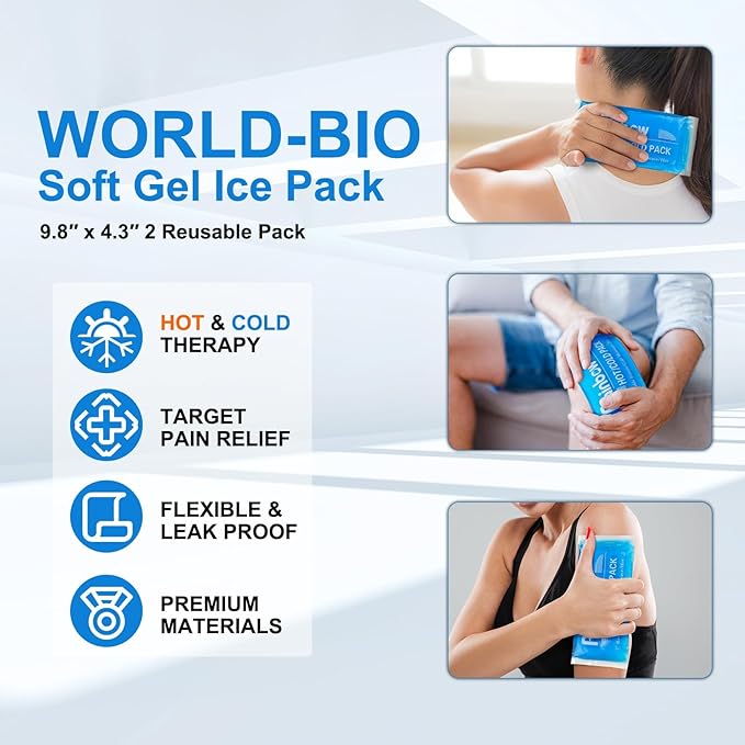 Gel Ice Packs for Injuries - Soft & Reusable Cold/Hot Compress for Headaches, Fever, Migraine Relief - Flexible Therapy on Neck, Ankle, Knee, Shoulder, Elbow,Feet (9.8" x 4.3" - 4 ice Packs)