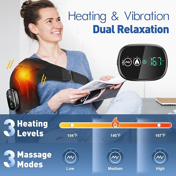 Cordless Shoulder Heating Pad, Heated Shoulder Wrap with 3 Massage Modes, Heated Shoulder Brace for Pain Relief Shoulder Massager for Men Women (Black)
