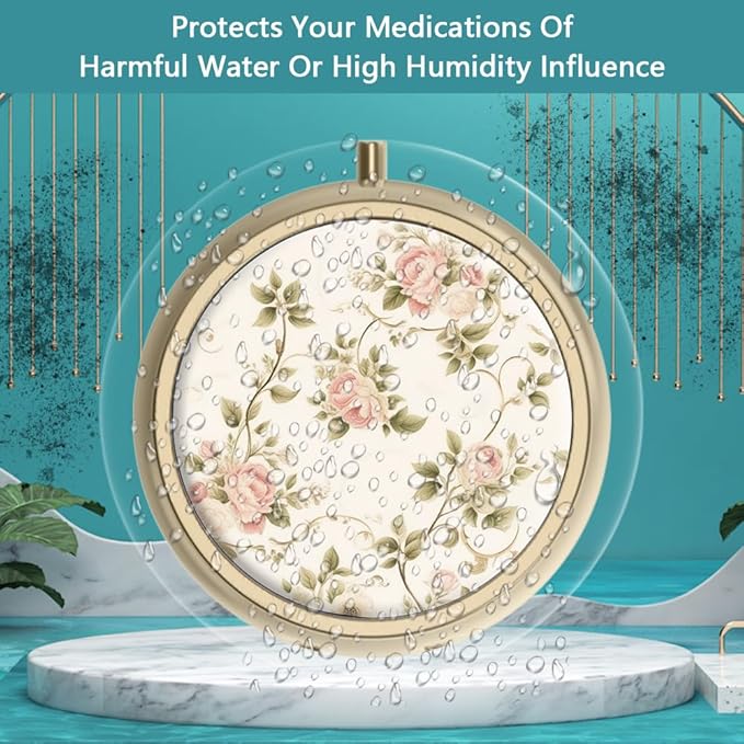 Pill Organizer Pill Box with Mirror Retro Small Pill Case for Purse or Pocket Bronze Pill Box or Vitamins, Fish Oil, Supplements, Pill Containe Travel Gifts（2PCS-Vintage Floral）