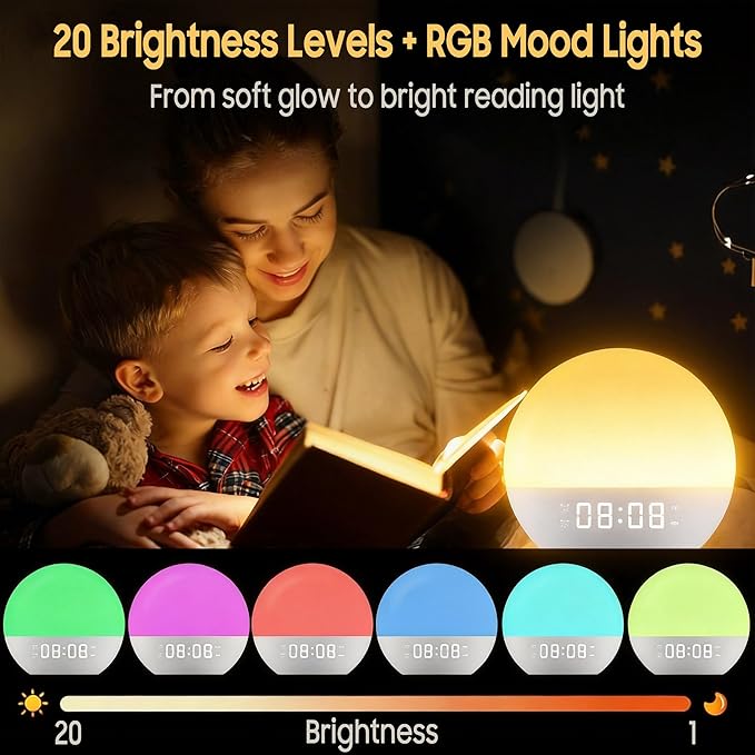 Sunrise Alarm Clock, White Noise Sound Machine, Upgraded Backlit Buttons for Bedrooms, 26 Soothing Sounds, 17 Night Lights, Bluetooth Speaker, Wake Up Sunlight for Heavy Sleepers,