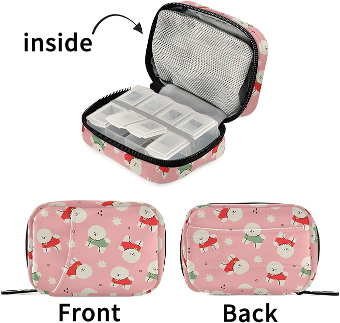 Fustylead Cute Cartoon White Fluffy Bichon Frise Dog Wearing Sweater Pill Organizer for Purse, Weekly Portable Pill Box with Zipper to Storage Vitamins Fish Oils Medications Supplements