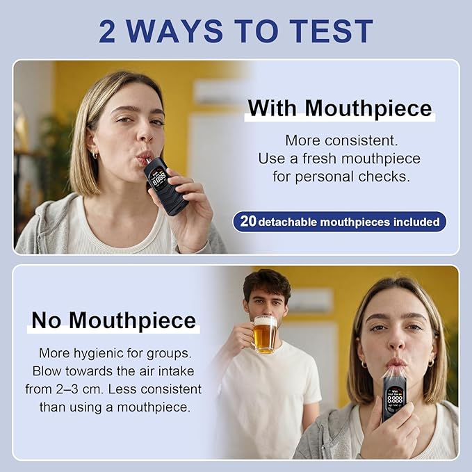 Breathalyzer Alcohol Tester, USB-C Rechargeable Breath Alcohol Tester with Color LCD Display, Semiconductor Sensor, 20 Mouthpieces, Portable Pocket Device for Home, Parties, Car Safety Checks Grey