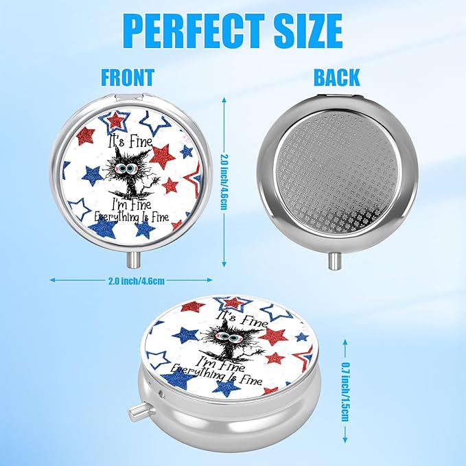 Pill Box, 3 Compartments Small American Star Pill Case Travel Portable Metal Medicine Box with Mirror Mini Container for Purse Pocket Women Men(It's Fine Cat)