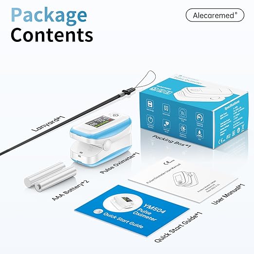 YM504 Pulse Oximeter, 4 Color TFT-OLED 20 × Memory Oxygen Monitor Fingertip, Blood Oxygen Saturation Monitor with Alarm, Batteries and Lanyard (Blue)
