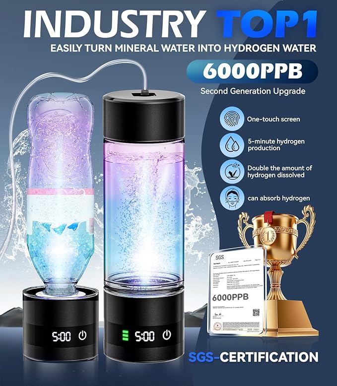 4.0 Upgrade Hydrogen Water Bottle 【SGS Certification - 5000PPB】【NO.1-100% Odorless】 Hydrogen Water Bottle - 2025 SPE PEM Technique, Double Hydrogen Content 2PCS1