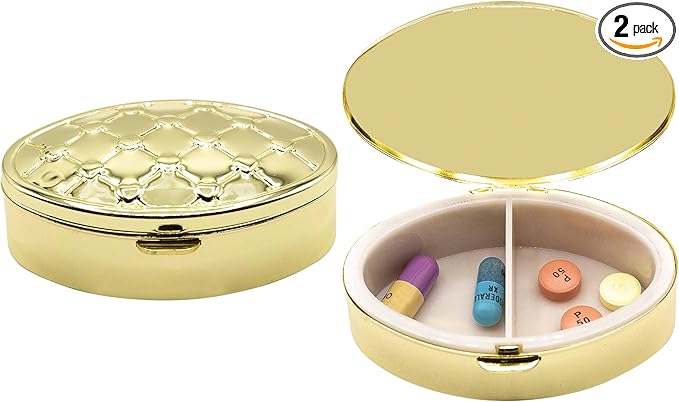 Set of 2 Oval-Shaped Pocket Purse Pill Box & Organizer with Dual Compartments (Gold Drops)