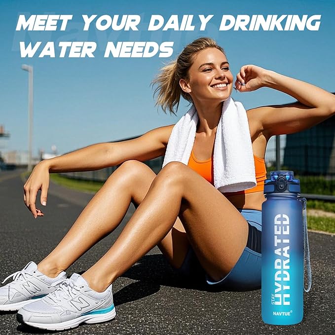 Water Bottle, 32oz Sports Water Bottles with Time Marker Wide Mouth, Motivational and Leakproof Drink Bottle, BPA Free Tritan with Carry Strap for Gym Fitness Outdoor (1 Bottle)