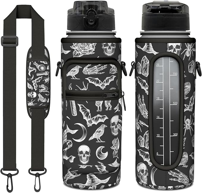 Goth Half Gallon Water Bottle with Sleeve -Flip Top Bpa Free 32 OZ - Motivational Time Marker Leakproof Water Jug - Goth Gifts for Women - Halloween Witchy Gothic for Gifts