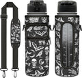 Goth Half Gallon Water Bottle with Sleeve -Flip Top Bpa Free 32 OZ - Motivational Time Marker Leakproof Water Jug - Goth Gifts for Women - Halloween Witchy Gothic for Gifts