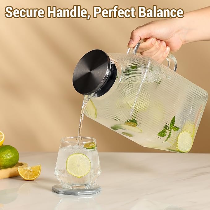 1 Gallon Square Glass Pitcher with Lid, Classic Stripes Water Pitchers for Fridge, Borosilicate Glass Carafe for Hot/Cold Brew Drink, Extra Large Jug with Handle for Iced Tea, Coffee, Juice, Black
