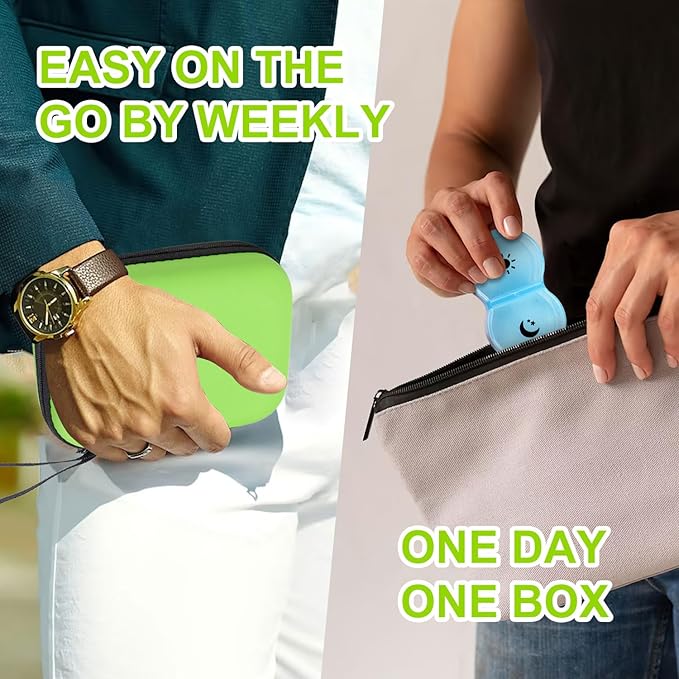Weekly Pill Organizer Box 2 Times a Day, Pill Box AM PM with 8 Daily Pocket Case, Travel Pill Box with Portable Hard Case, Handy Medicine Box 7 Day Holds Vitamin, Cod Liver Oil & Supplement
